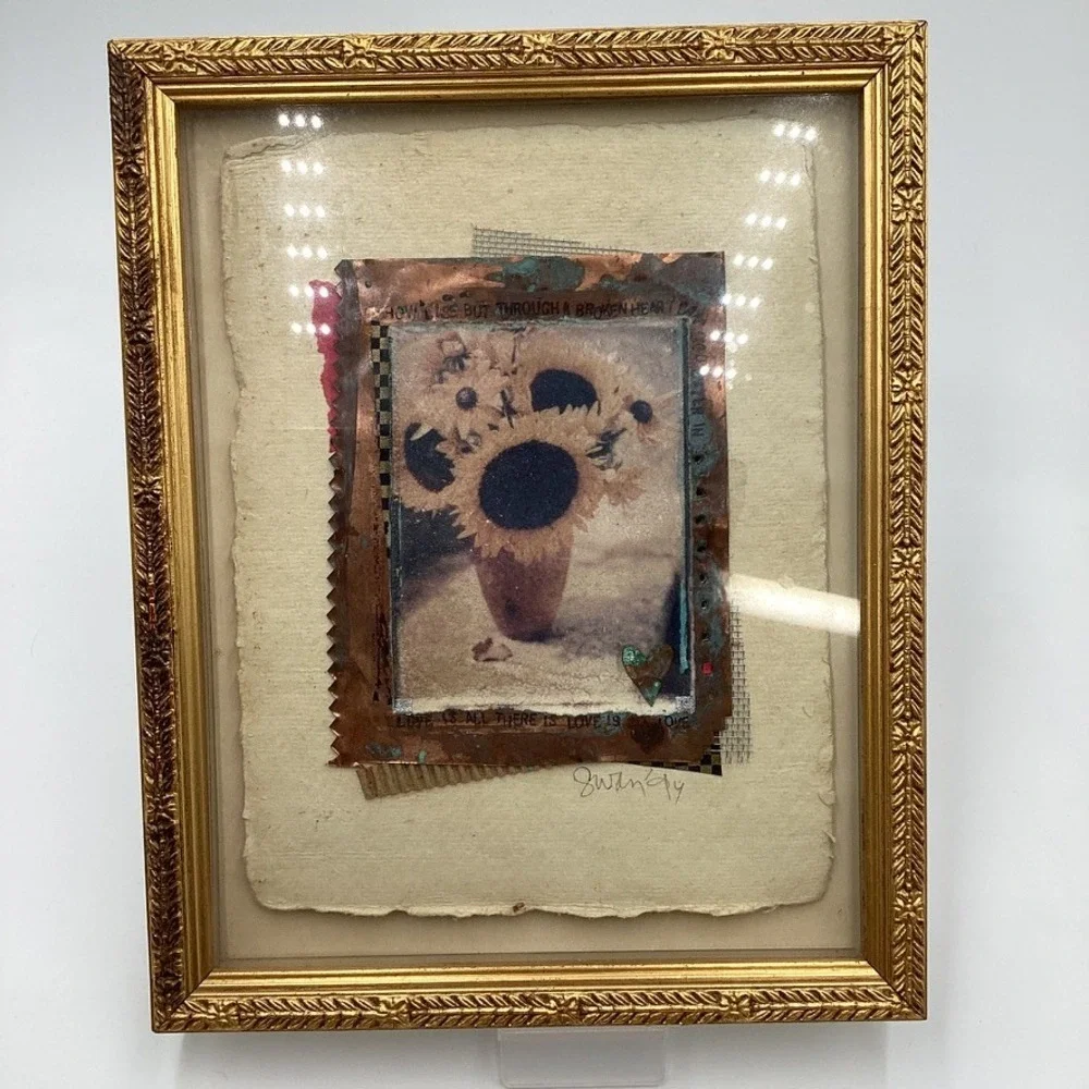 Framed Sunflower Art Mixed Media Wall Decor Golden‎ Floral Vase Quote